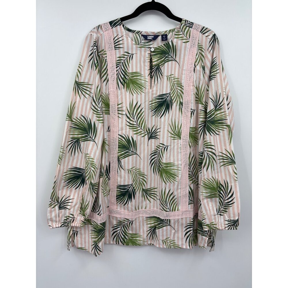 Lands End Tropical Print Cotton Long Sleeve Tunic Top Pink Green XL